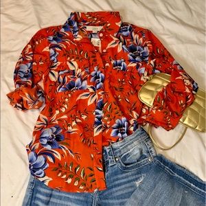 NWT LOFT red floral button down shirt sz S